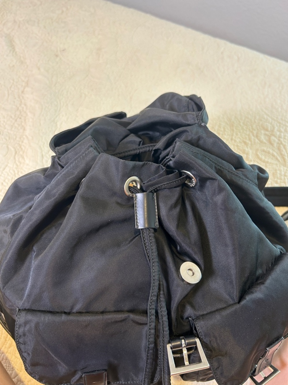 Prada Black Nylon Drawstring Backpack with Front Buckle Pockets - Picture 5 of 9